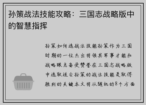 孙策战法技能攻略：三国志战略版中的智慧指挥